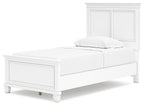 White panel bed with paneled headboard, smooth side rails, and two cushions.
