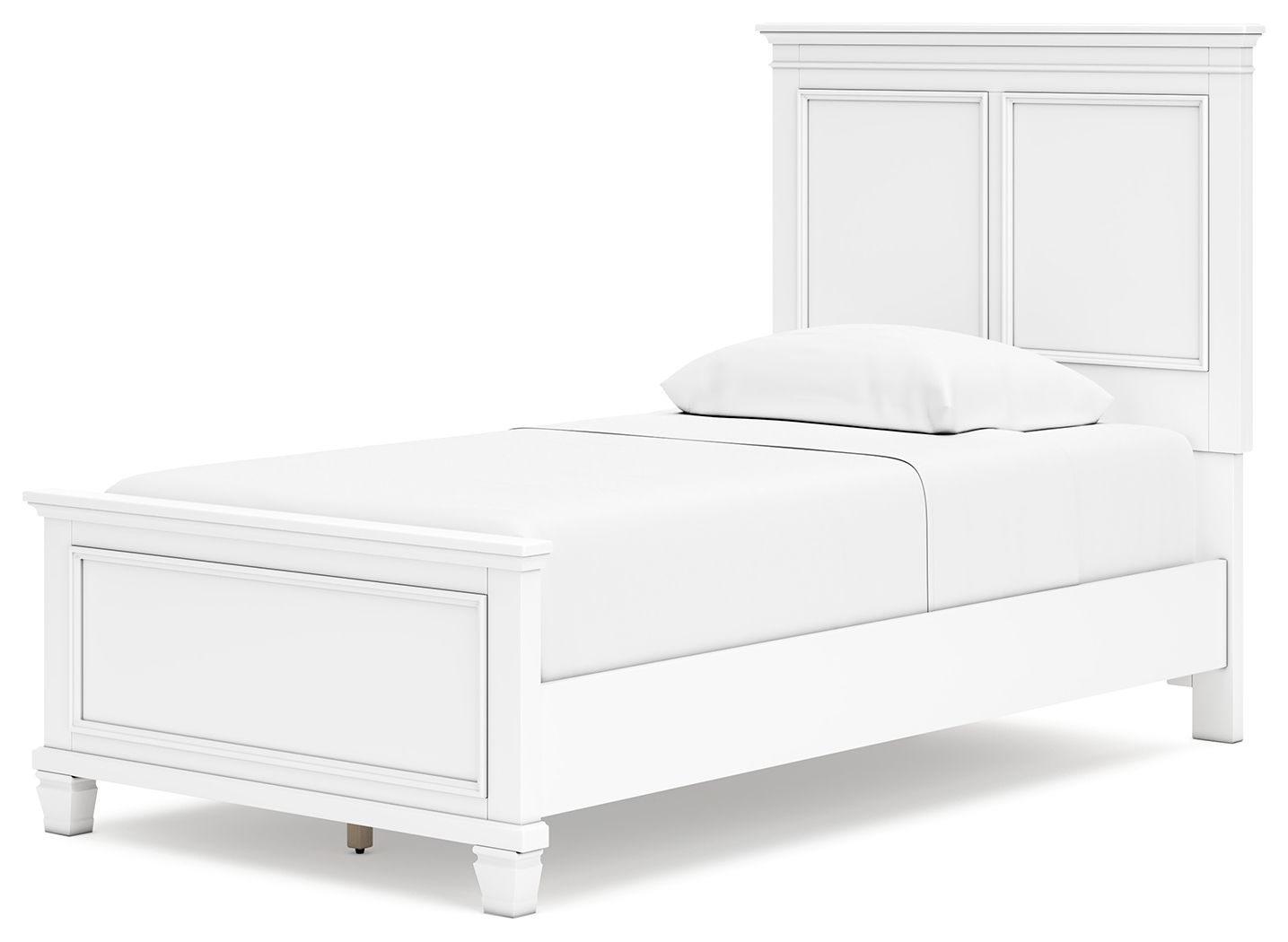 White panel bed with paneled headboard, smooth side rails, and two cushions.