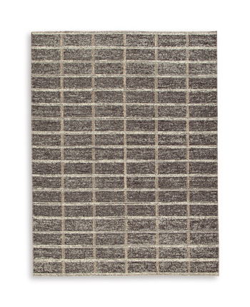 Gray and dark brown grid-pattern area rug with tight woven rectangular blocks