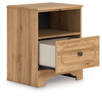Warm brown wooden nightstand with open shelf and one drawer slightly pulled