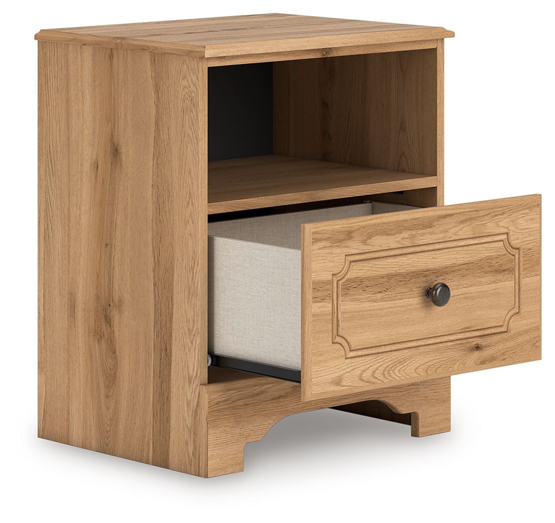 Warm brown wooden nightstand with open shelf and one drawer slightly pulled