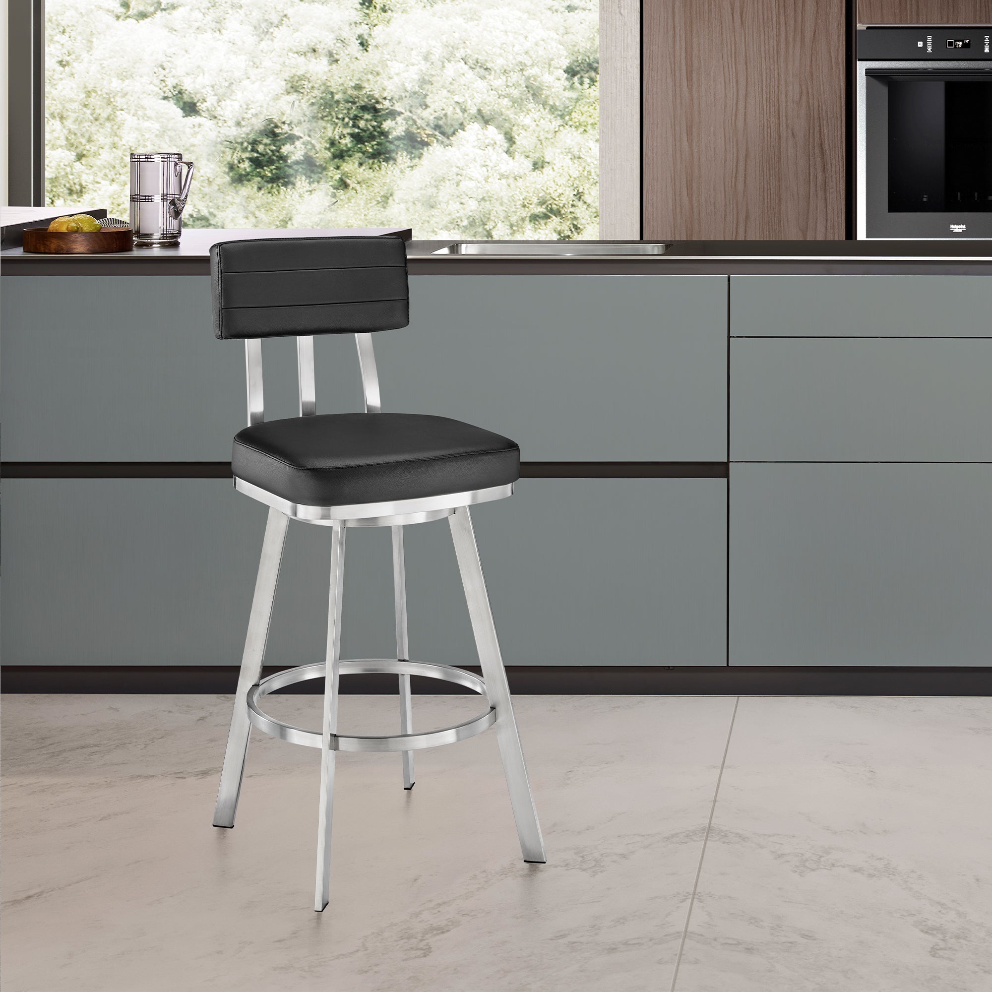 Ulina Swivel Bar Stool: Black Faux Leather Brushed Steel