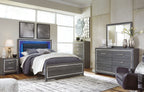 Bedroom set with dark gray platform bed, two nightstands, and matching dresser