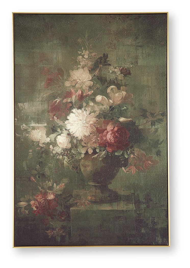 Flower wall art print in dark gold frame, muted bouquet against textured backdrop