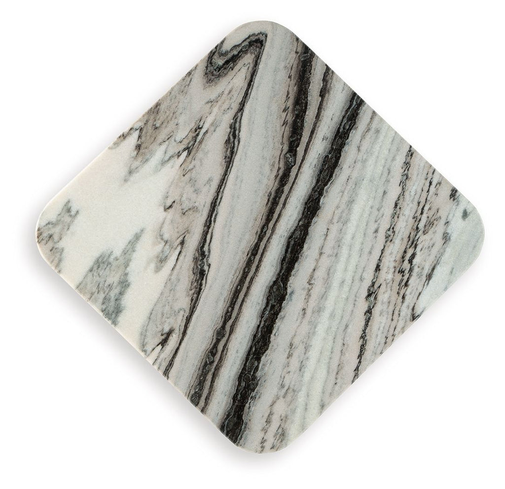 Square marble-look tabletop with white base and black striped veining