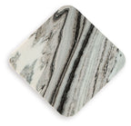 Square marble-look tabletop with white base and black striped veining