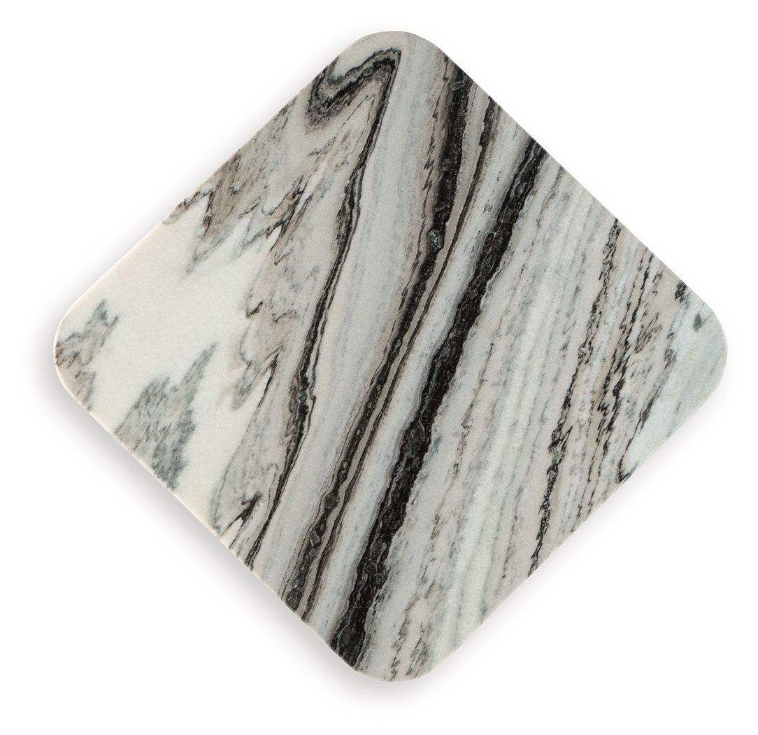 Square marble-look tabletop with white base and black striped veining