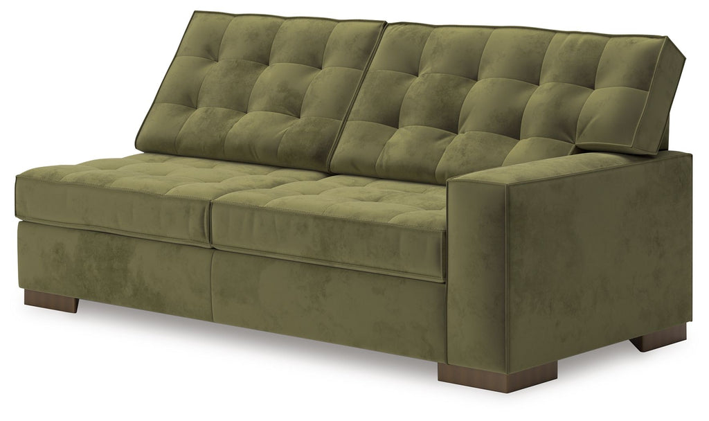 Olive green RAF sofa with tufted back cushions, wide arms, and deep padded seat