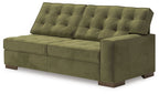 Olive green RAF sofa with tufted back cushions, wide arms, and deep padded seat
