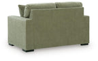 Olive green upholstered loveseat sofa with square arms and low black feet