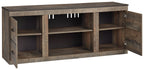 Dark brown TV stand with open cubbies, side cabinet doors, and drawer storage
