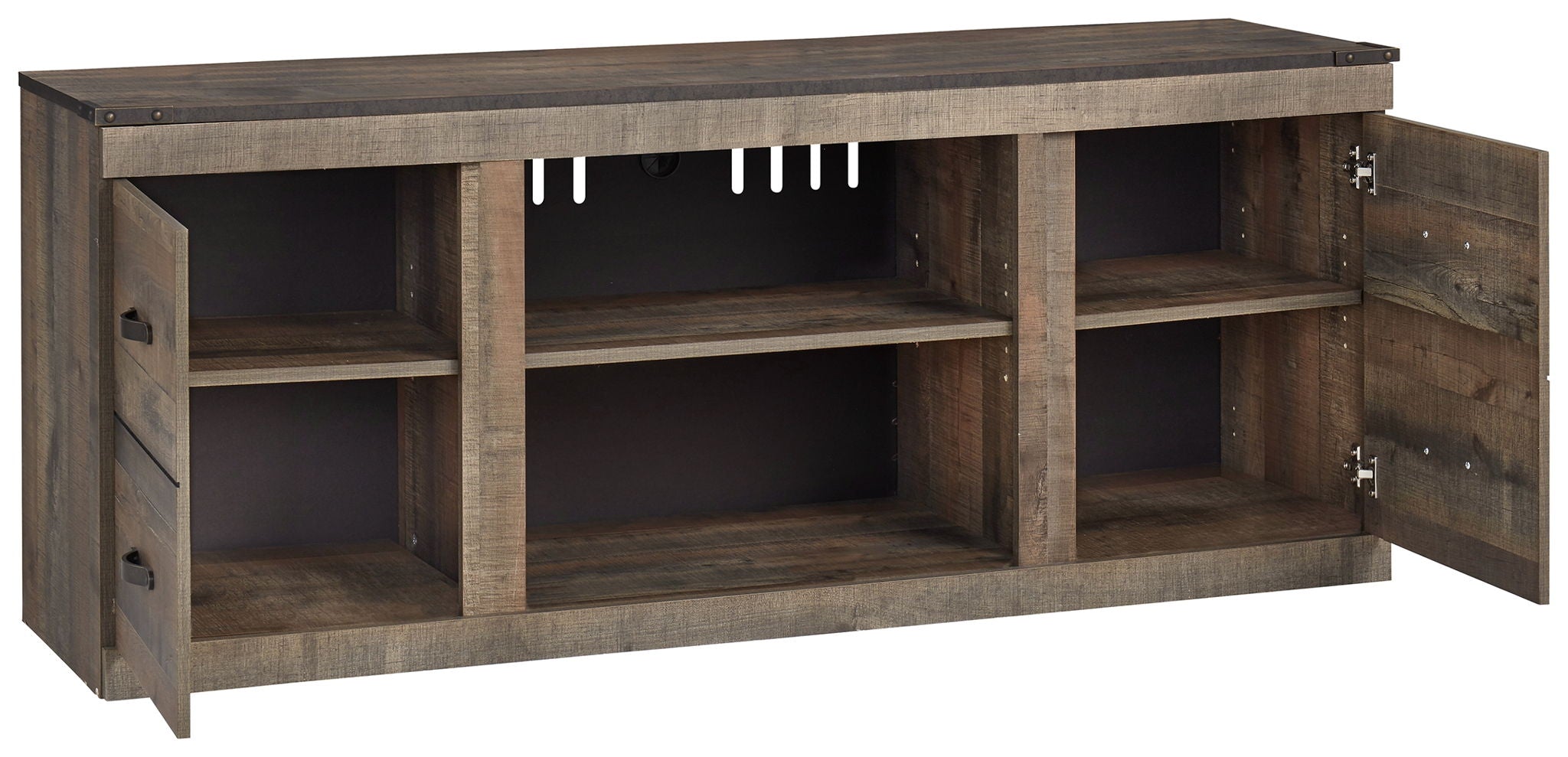 Dark brown TV stand with open cubbies, side cabinet doors, and drawer storage