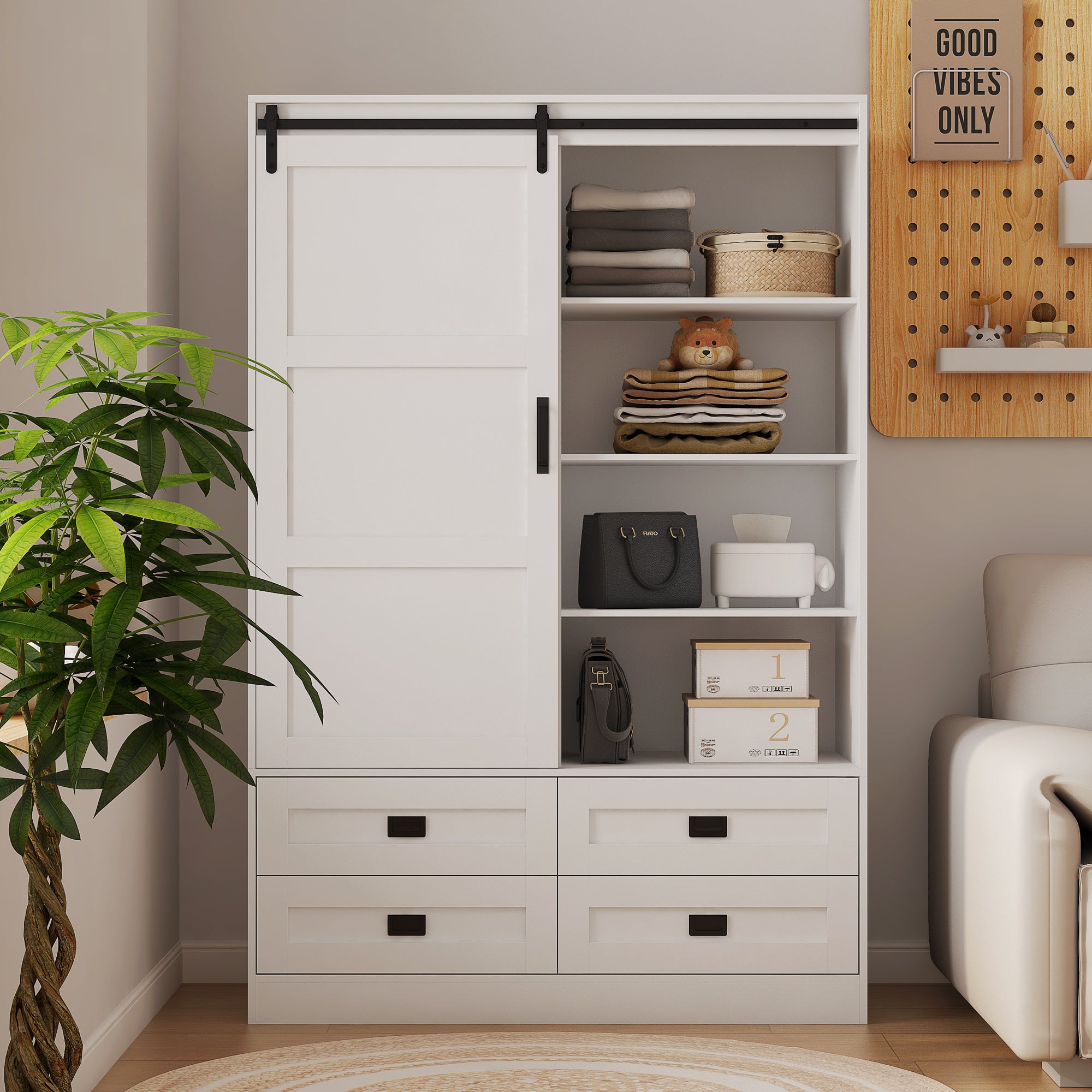 Rustic Armoire Wardrobe with Hanging Rod & Drawers