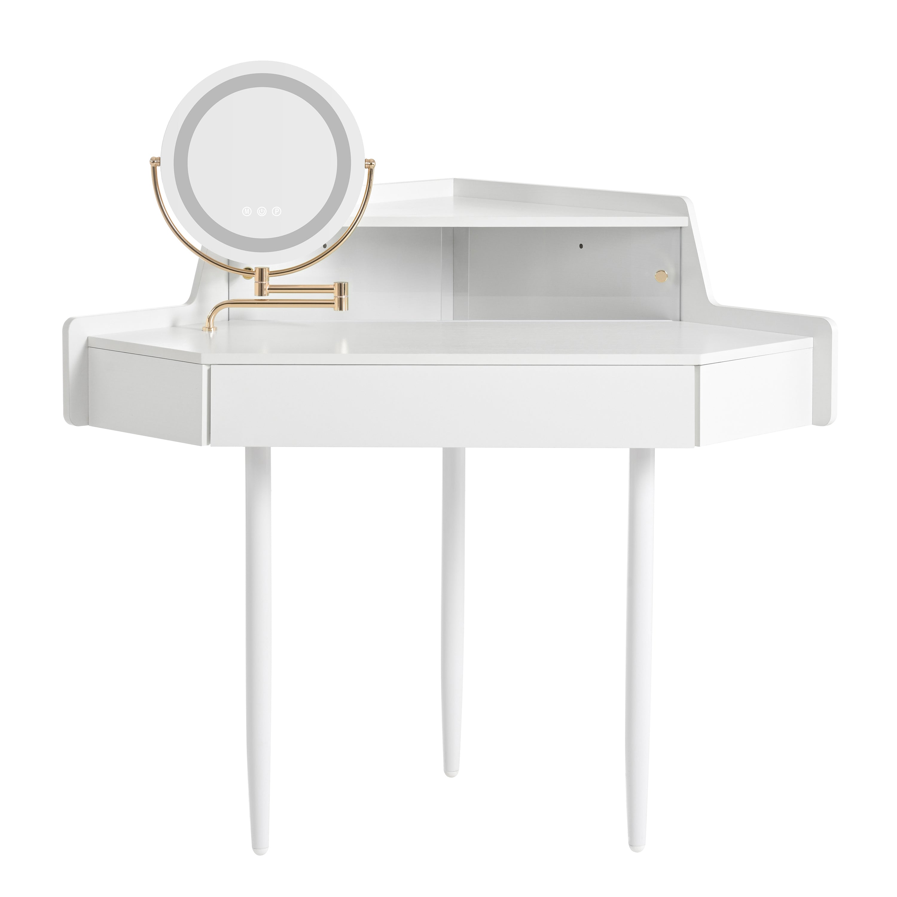White Modern Corner Makeup Vanity, LED Mirror & Storage Stool