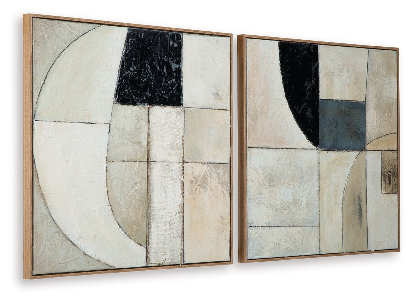 Wall art set of 2 framed abstract prints with tan and taupe panels and black curved forms