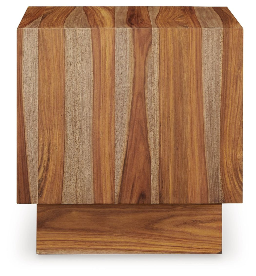 Square wooden side table with striped grain top and solid lower shelf