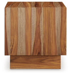 Square wooden side table with striped grain top and solid lower shelf