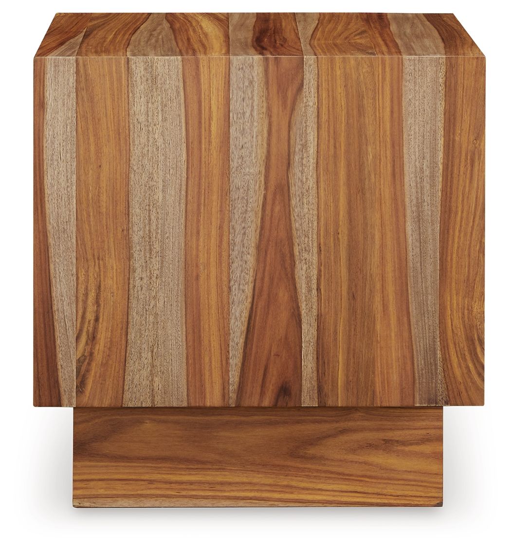 Square wooden side table with striped grain top and solid lower shelf