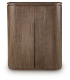 Medium brown bar cabinet with two doors and curved top edge