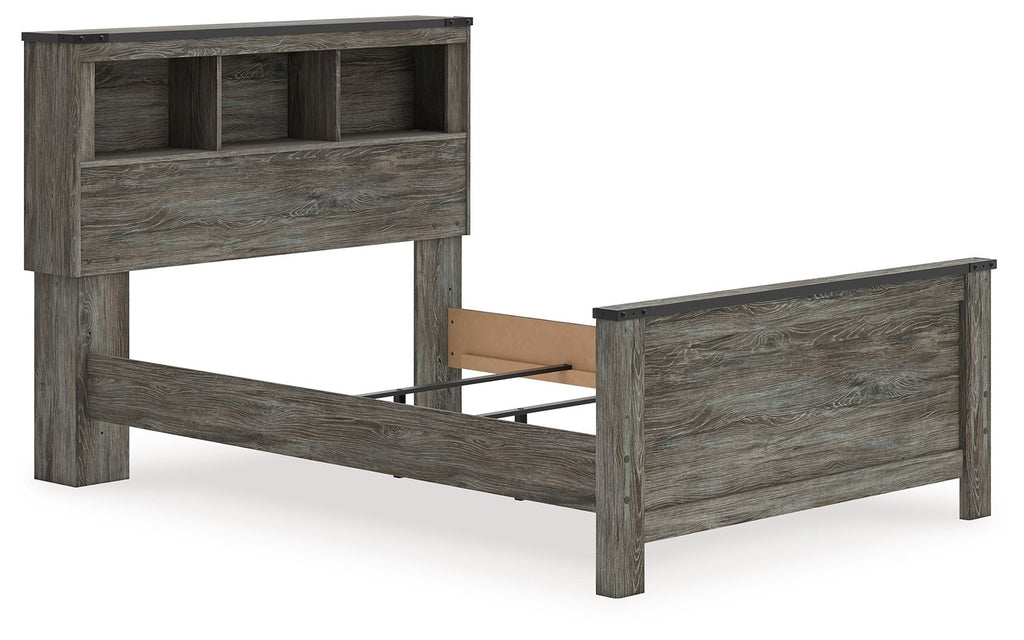 Gray bookcase panel bed with two storage drawers, exposed slats, and open-shelf headboard.