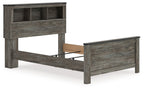 Gray bookcase panel bed with two storage drawers, exposed slats, and open-shelf headboard.