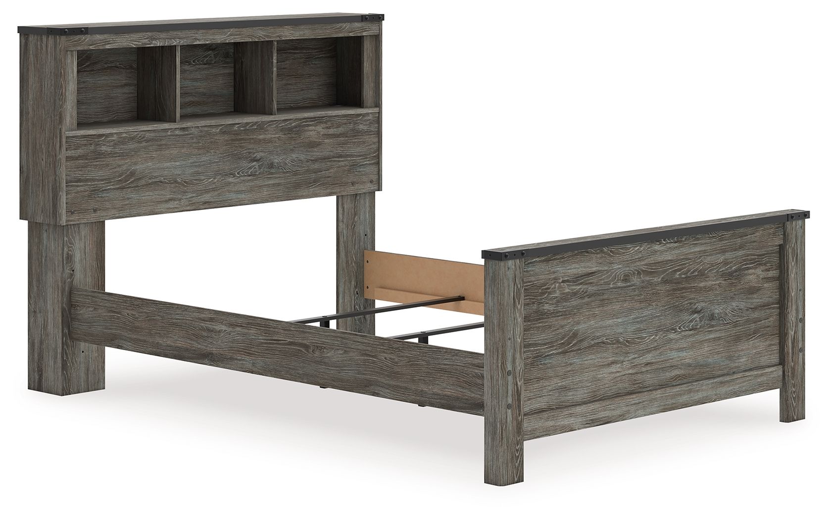 Gray bookcase panel bed with two storage drawers, exposed slats, and open-shelf headboard.