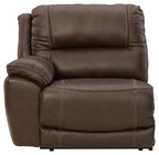 Chocolate brown leather-look power recliner with wide seat, armrests, and contrast stitching