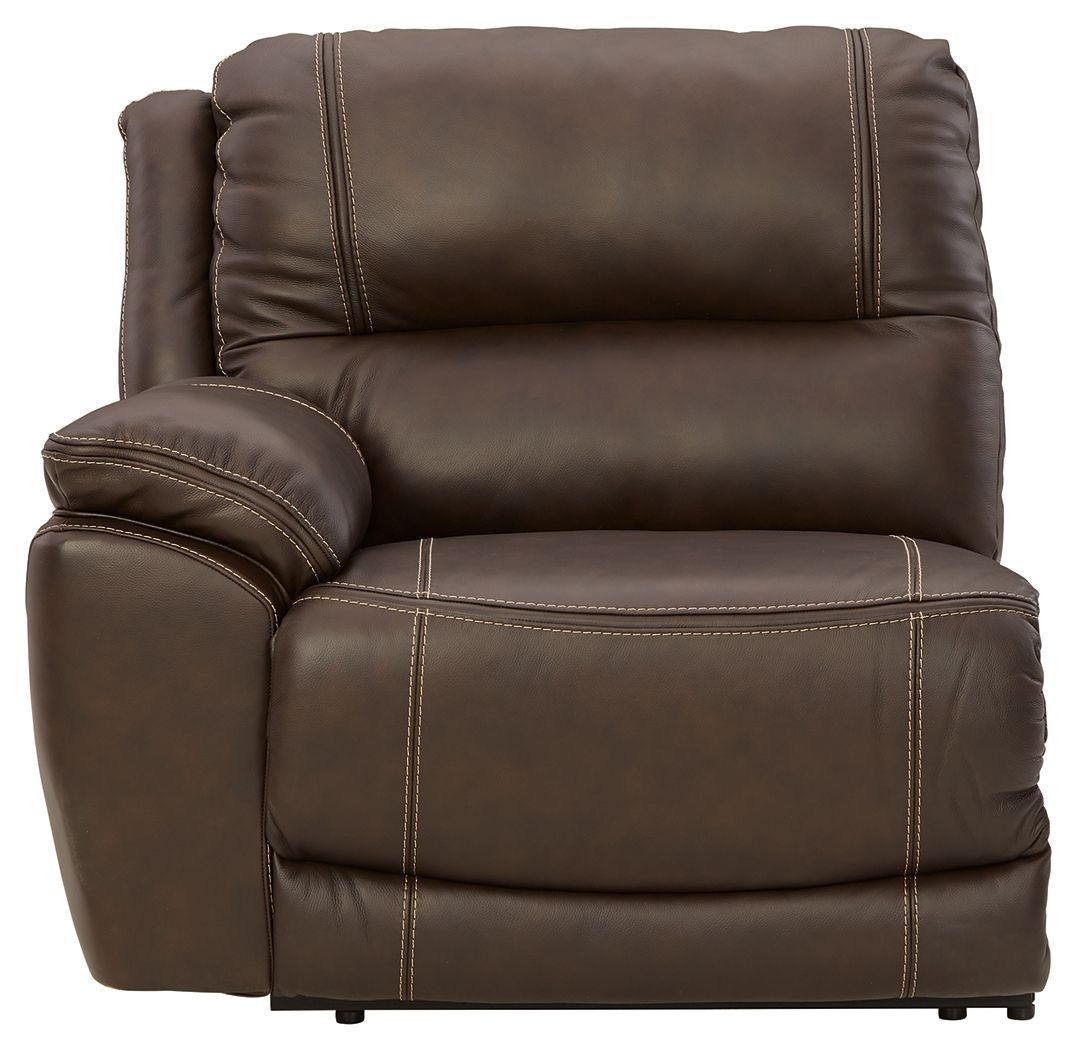 Chocolate brown leather-look power recliner with wide seat, armrests, and contrast stitching