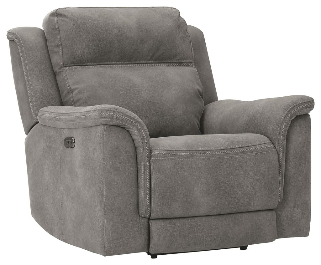 Slate gray power recliner chair with padded arms and headrest, single seat cushion