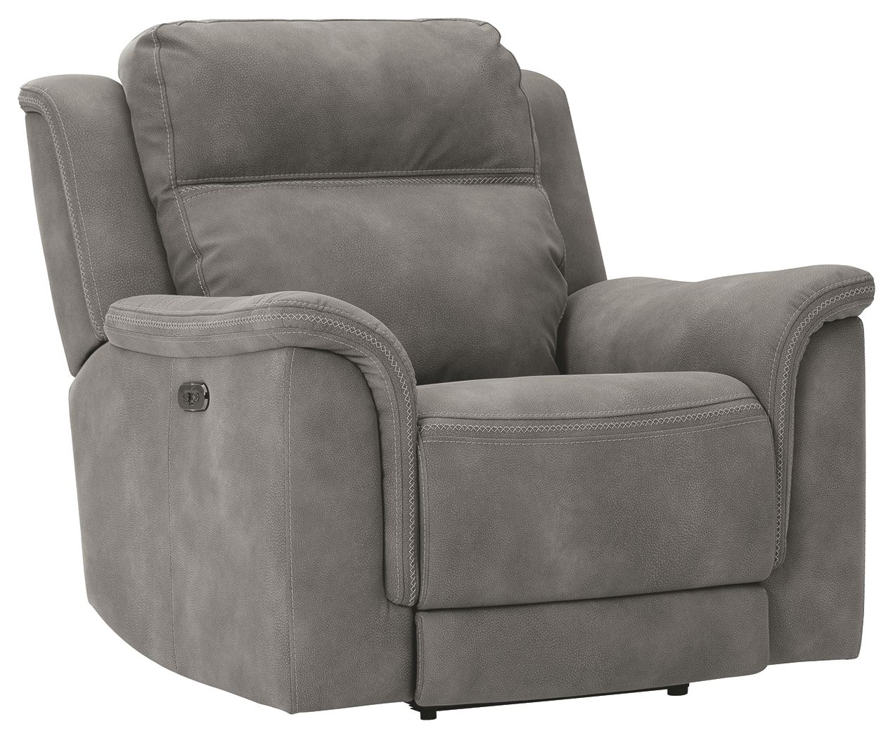 Slate gray power recliner chair with padded arms and headrest, single seat cushion