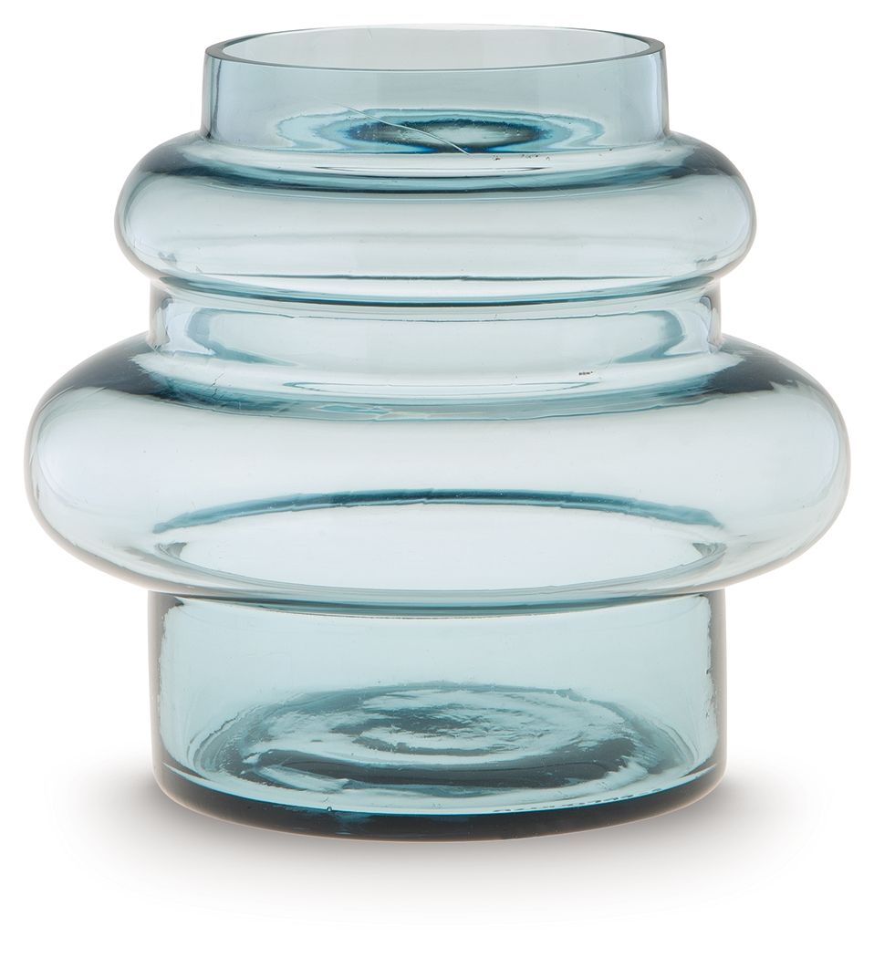 Blue glass vase with ribbed round body and wide open mouth