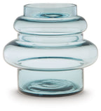 Blue glass vase with ribbed round body and wide open mouth