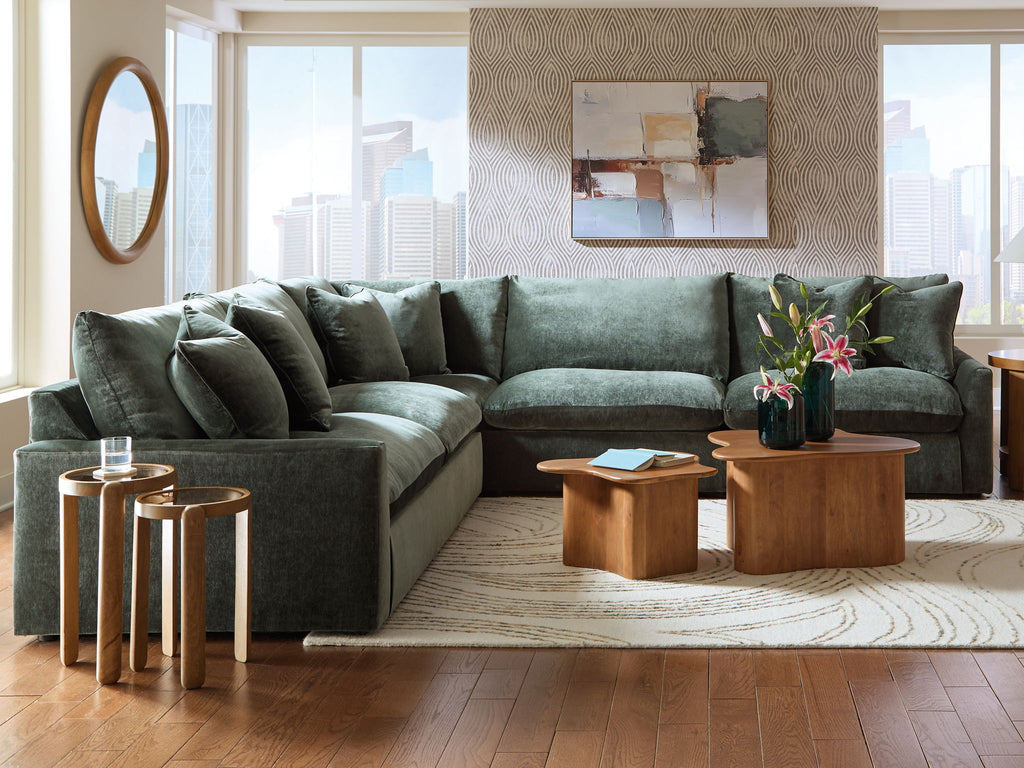 Jade green sectional sofa set with left chaise and three back pillows