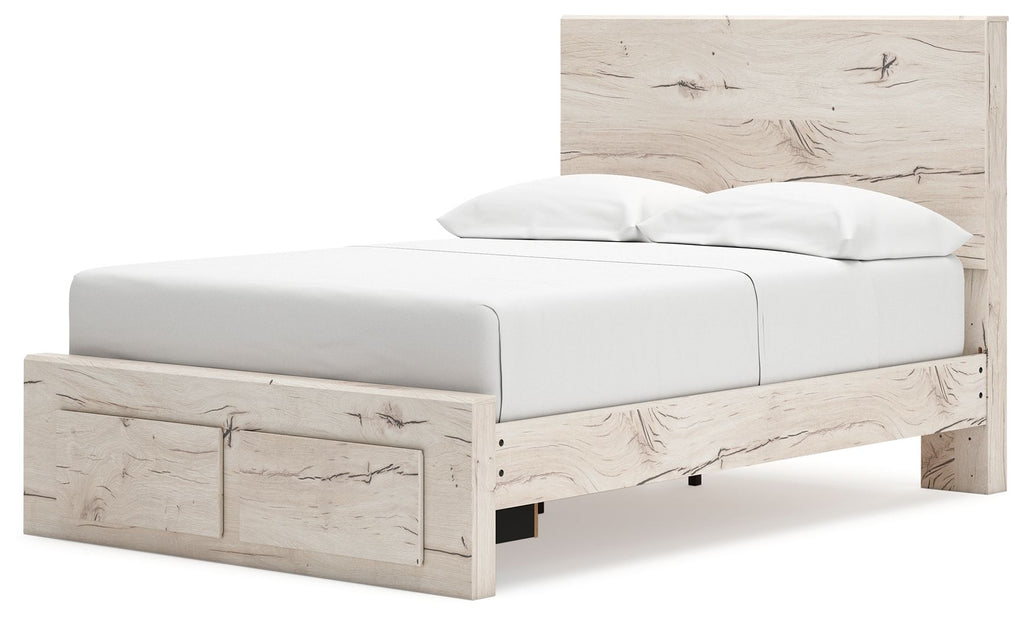Beige panel bed with footboard storage panel and matching upholstered headboard