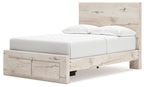 Beige panel bed with footboard storage panel and matching upholstered headboard