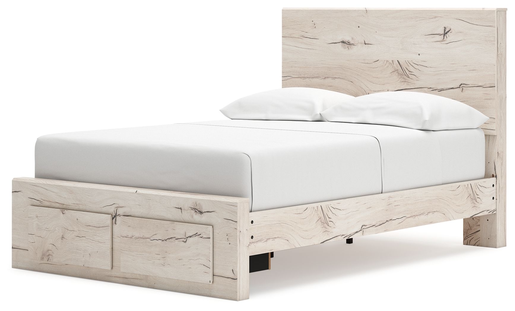 Beige panel bed with footboard storage panel and matching upholstered headboard
