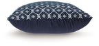 Abra decorative pillow, patterned navy face with dark back, side view