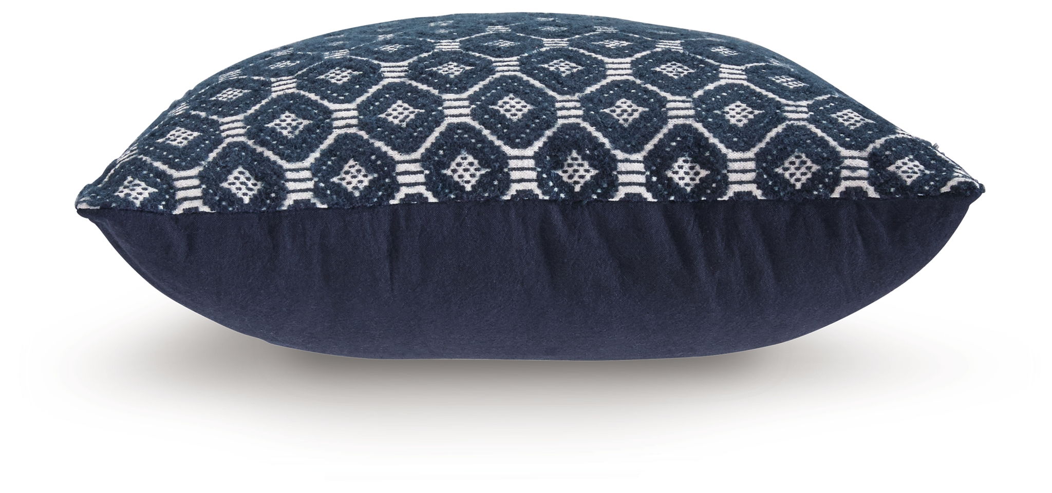 Abra decorative pillow, patterned navy face with dark back, side view