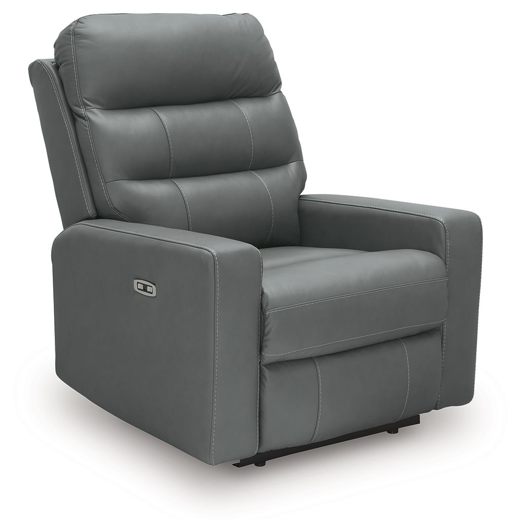 Power recliner with adjustable headrest in medium gray, wide arms and contoured seat