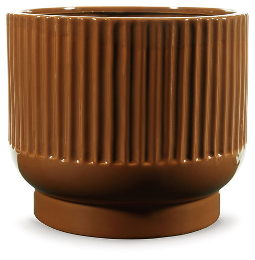 Small fluted vase in dark brown ceramic with rounded base and open rim