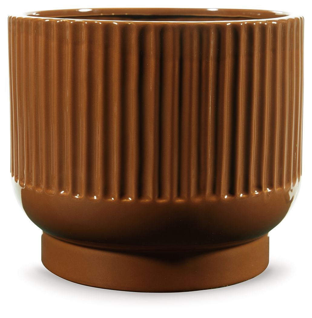 Dark brown ribbed ceramic vase with fluted sides and wide top rim