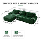 Green corduroy modular sectional sofa with chaise and ottoman, three-seat
