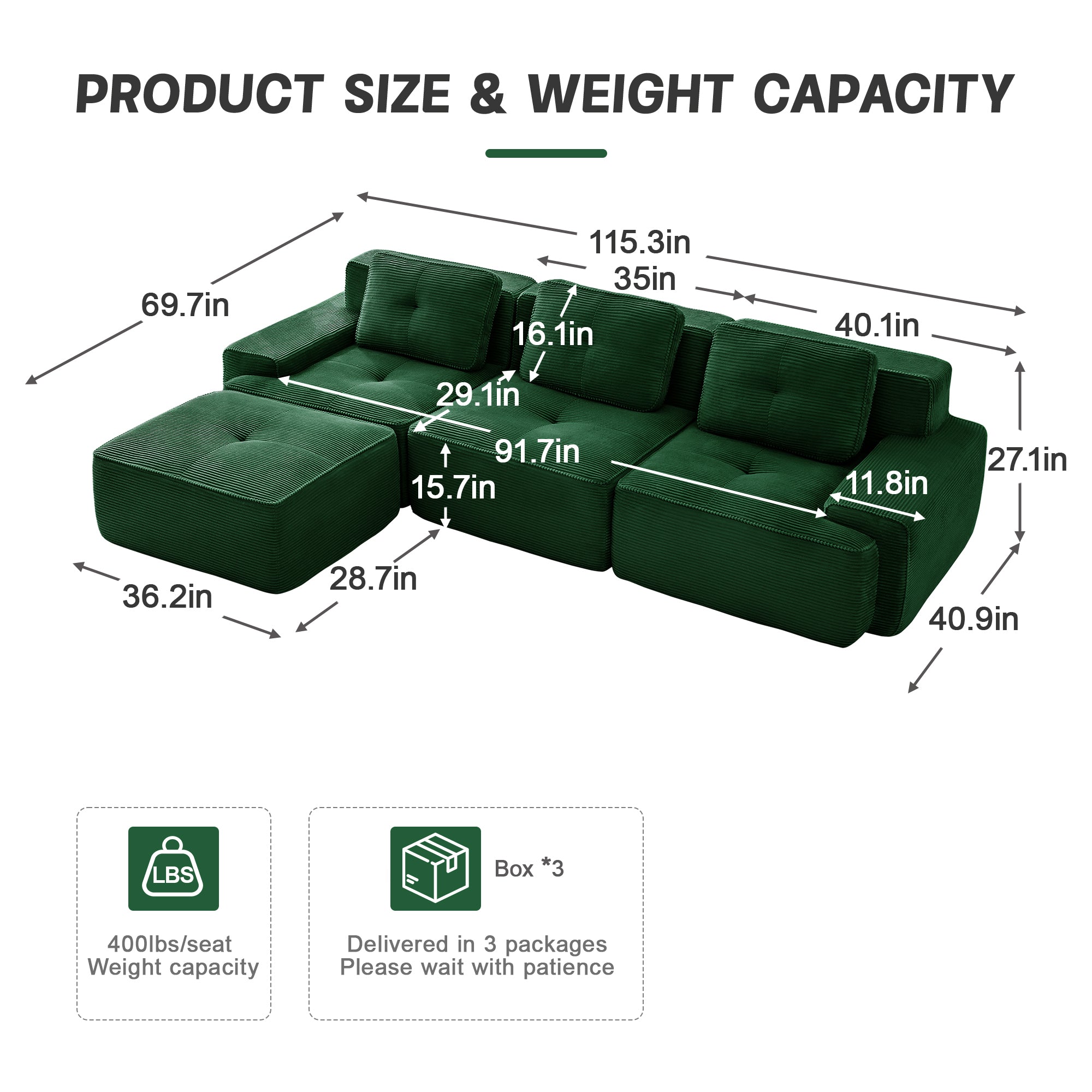 Green corduroy modular sectional sofa with chaise and ottoman, three-seat