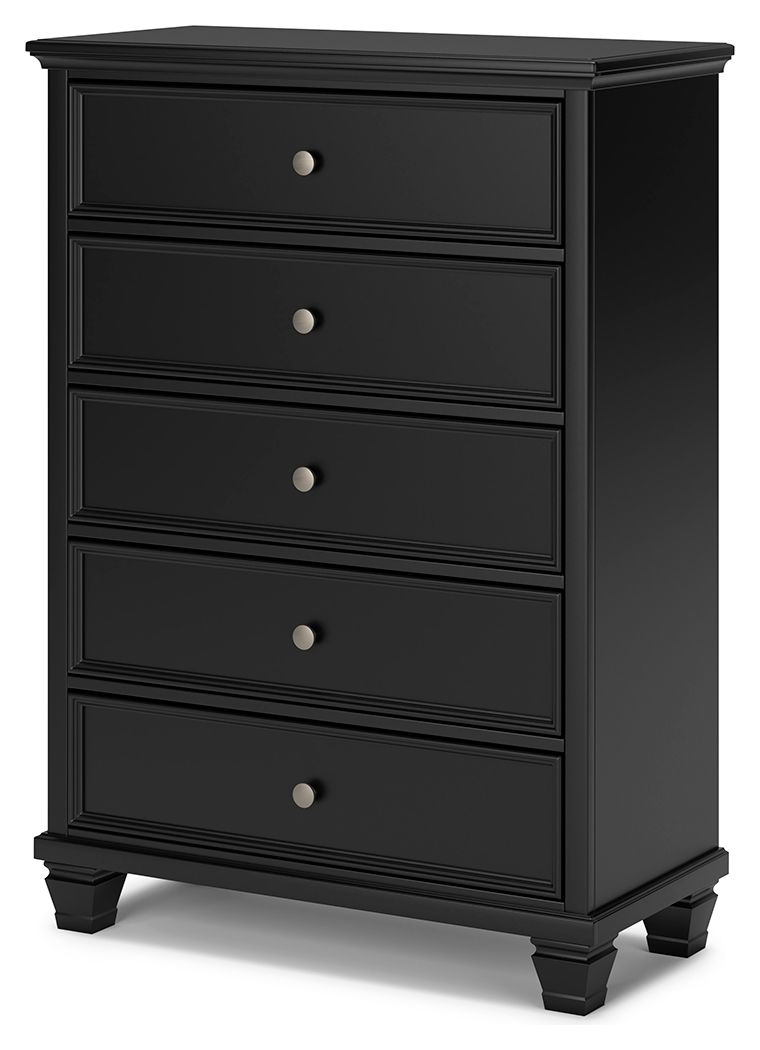 Black five-drawer chest with round knobs and carved drawer trim