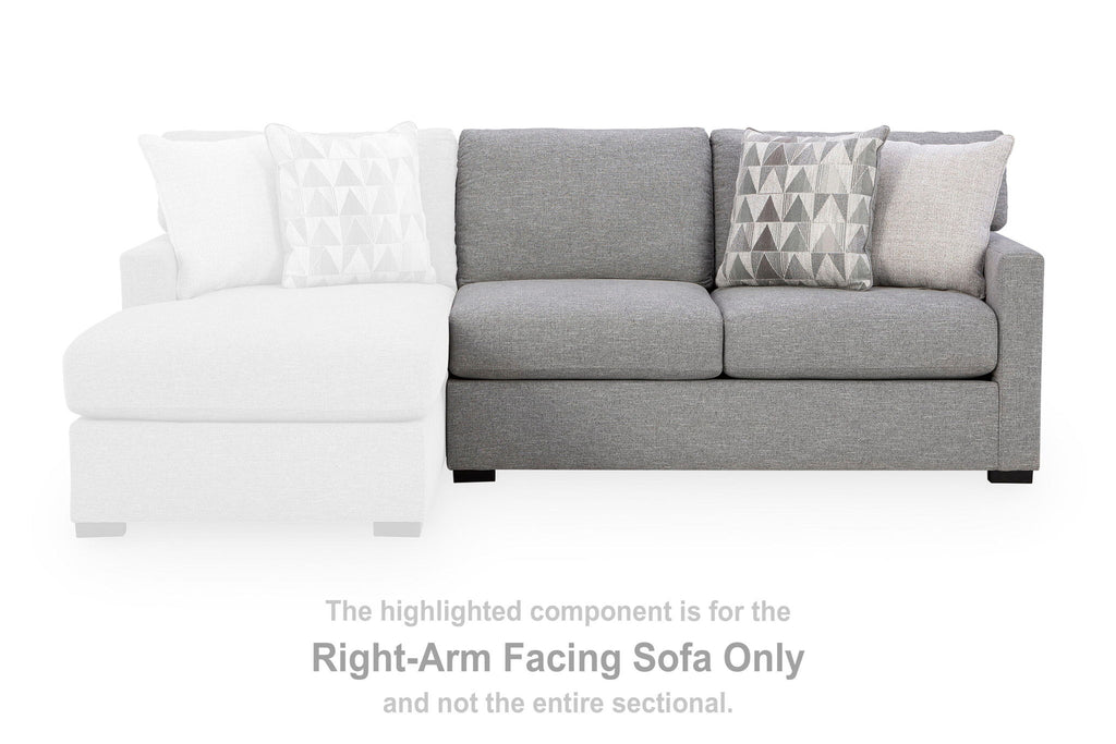 Right-arm pewter gray sofa with two seat cushions and two contrasting throw pillows