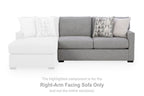 Right-arm pewter gray sofa with two seat cushions and two contrasting throw pillows