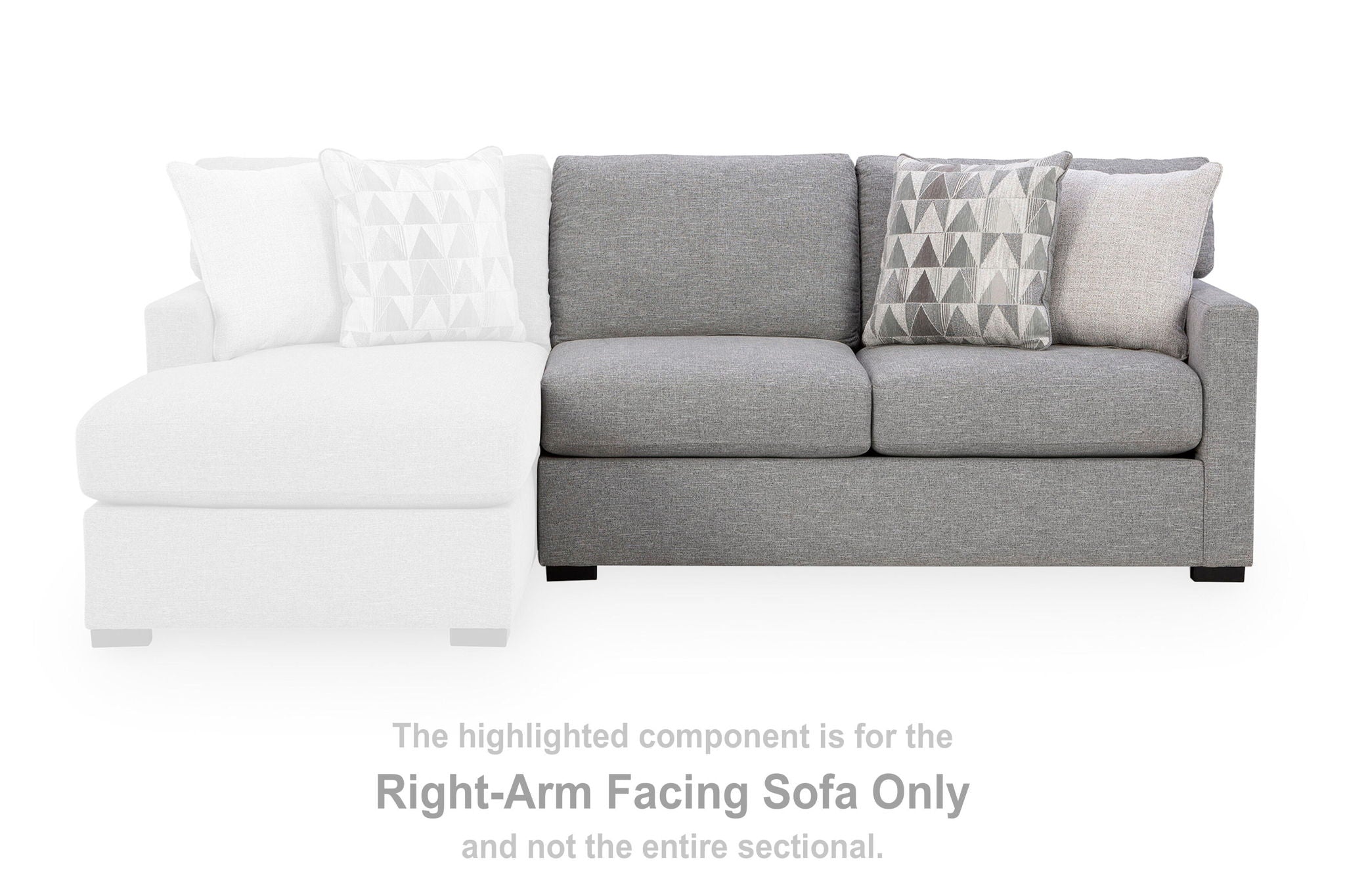 Right-arm pewter gray sofa with two seat cushions and two contrasting throw pillows