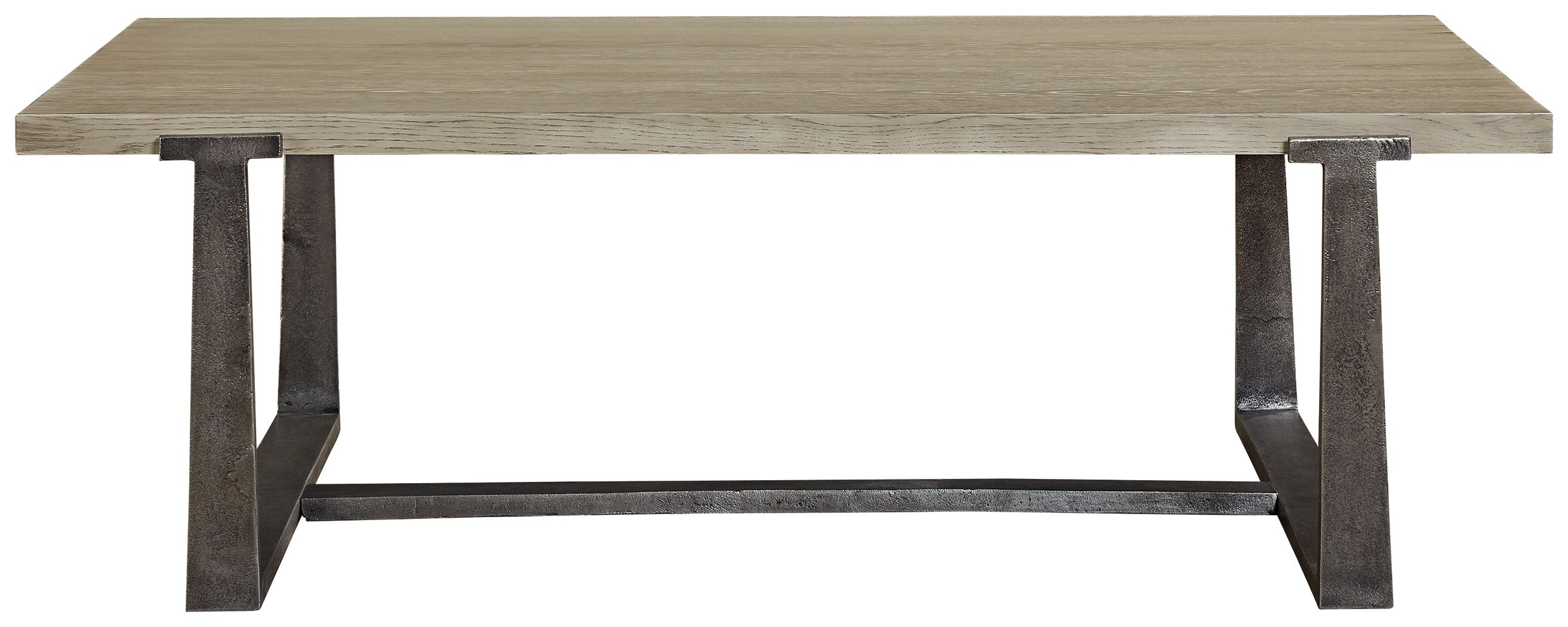 Gray rectangular cocktail table viewed from the side, dark metal legs and open base