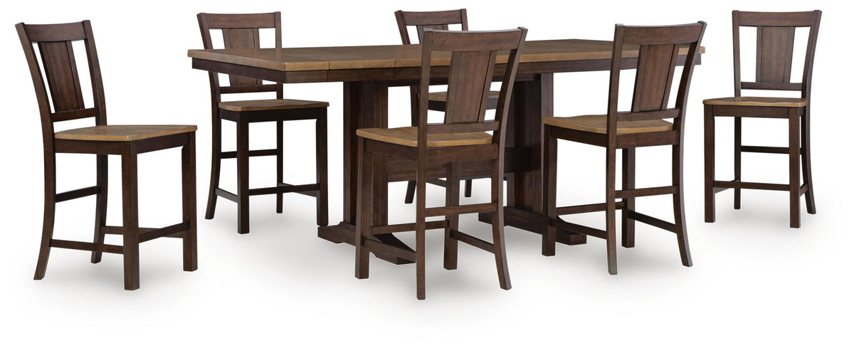 Rylandeen counter-height dining table set with bench and stools, dark brown wood