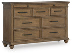 Dark brown dresser with multiple drawers and metal bar pulls, raised on turned legs.